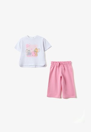 Top bianco a maniche corte con i personaggi dei cartoni animati Jerry e Tuffy che tengono dei cuori, abbinato a pantaloni rosa con elastico in vita per bambini.
