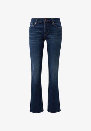 Ciemnoniebieskie dżinsy denimowe z lekkim efektem sprania, w stylu pięciokieszeniowym, z zapinaniem na guzik i suwak oraz rozszerzanymi nogawkami.