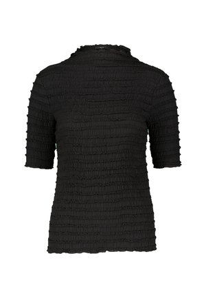 Haut noir à manches courtes avec des plis horizontaux texturés et un col haut légèrement froncé, présenté de dos sur un fond blanc.