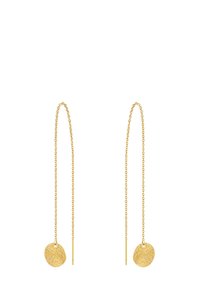Orecchini in oro a catena con pendenti ovali dalla superficie texturizzata, sospesi su delicate catene, che aggiungono un design elegante e minimalista.