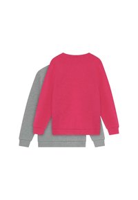 Dos sudaderas de cuello redondo de manga larga superpuestas, una de color rosa brillante en la parte delantera y otra gris detrás, ambas con puños y dobladillos acanalados.