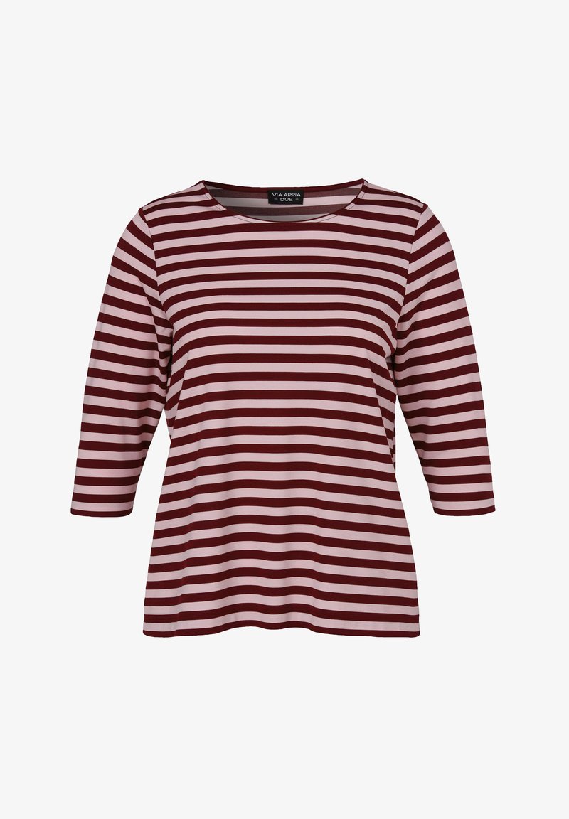 Langärmliges, Rundhalsoberteil aus weicher Baumwolle. Verfügt über burgunderfarbene und hellrosa horizontale Streifen und einen lässigen Schnitt.