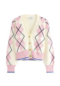 Krémový kardigan s růžovým a bílým vzorem argyle. Má výstřih do V, pět knoflíků a žebrované rukávy s modrými akcenty.