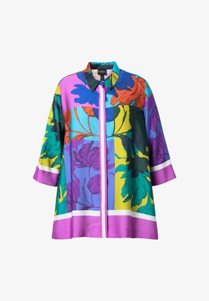 Buntes Hemd mit floralem Muster in Grüntönen, Lila und Orange. Aus glattem Stoff gefertigt, mit Kragen und Dreiviertelärmeln.