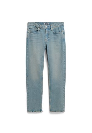 Hellblaue Jeans aus Denim mit geradem Schnitt, ausgestattet mit fünf Taschen, einem Knopfverschluss und dezentem Verblassen. Durchgehend mit abgenutzter Textur.