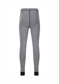Grå leggings med en melange mønster, der har et tæt design, kontrasterende sort talje og ankelmanchetter. Glat tekstur, ingen synligt tilbehør.