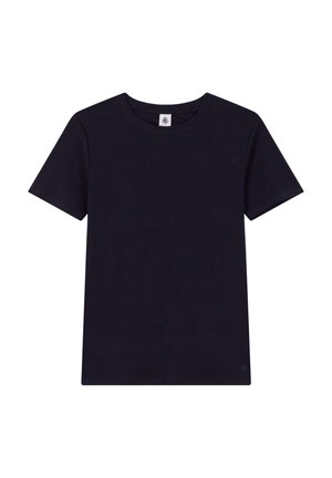 Donker marineblauw T-shirt met korte mouwen, gemaakt van katoen, met een ronde halslijn en een klein logo-detail rechts onderaan.