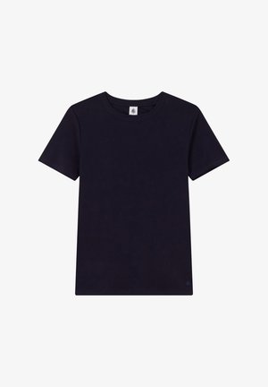 Donker marineblauw T-shirt met korte mouwen, gemaakt van katoen, met een ronde halslijn en een klein logo-detail rechts onderaan.