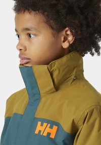 Bunte Kapuzenjacke aus grünen und braunen Materialien, mit hochgeschlossenem Kragen, Reißverschluss und orangefarbigem Logo auf der Brusttasche.