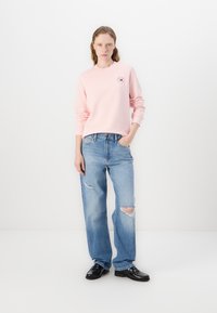 Felpa rosa chiaro con maniche lunghe e logo frontale, abbinata a jeans blu chiari a vita alta con ginocchio strappato. Scarpe nere.
