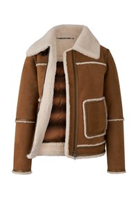 Braune Schaffelljacke mit einem cremigen Pelzkragen, Reißverschluss vorne und weichem Innenfutter. Verfügt über Seitentaschen und kontrastierende Abschlüsse.