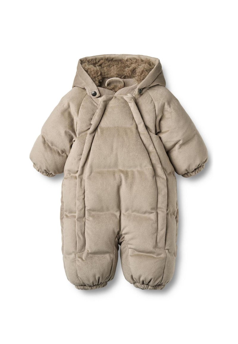 Beżowy dziecinny kombinezon zimowy ze sztruksu z pikowaną fakturą, kapturem, zatrzaskami i elastycznymi mankietami dla ciepła i wygody. Miękka podszewka w środku.