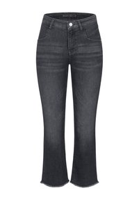 Black denim jeans with a high waist, flared cut, and raw hem. Features front pockets and a metal button closure. Smooth texture.