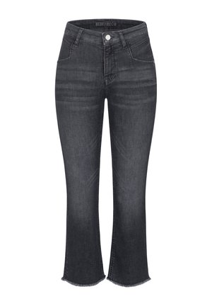 Schwarze Denim-Jeans mit hoher Taille, ausgestelltem Schnitt und rohem Saum. Verfügt über Fronttaschen und einen Metallknopfverschluss. Glatte Textur.