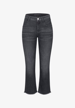 Schwarze Denim-Jeans mit hoher Taille, ausgestelltem Schnitt und rohem Saum. Verfügt über Fronttaschen und einen Metallknopfverschluss. Glatte Textur.