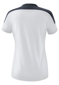White athletic polo shirt with a navy accent on the shoulders. Short sleeves and a classic collar. Smooth texture, lightweight fabric design.