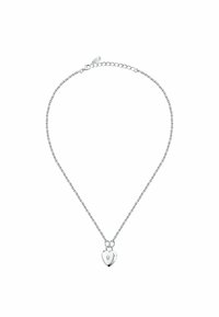 Collana in argento con pendente a forma di cuore e particolare a forma di chiave. Texture liscia, finitura lucida e lunghezza regolabile.