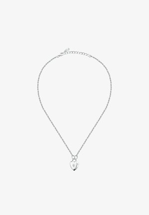 Collana in argento con pendente a forma di cuore e particolare a forma di chiave. Texture liscia, finitura lucida e lunghezza regolabile.