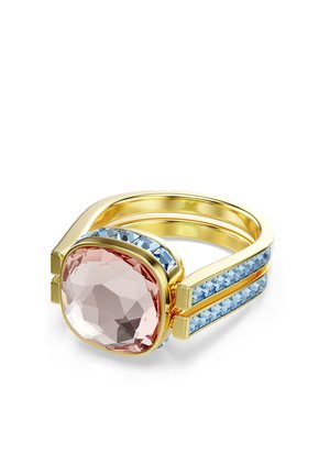 Goldener Ring mit einem großen rosa kissenförmig geschliffenen Edelstein und zwei Reihen kleiner blauer Edelsteine entlang des geteilten Rings.