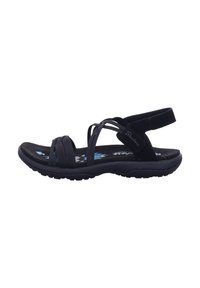 Sandali neri con un design della fascia testurizzato, dotati di più bande regolabili e di una soletta imbottita con una suola interna a motivo blu.