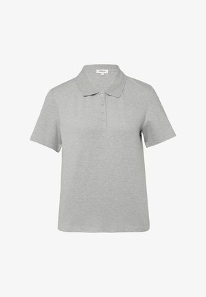 Lichtgrijs poloshirt met korte mouwen, kraag en vier knopen aan de voorkant, weergegeven tegen een witte achtergrond.