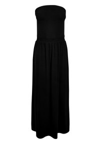 Robe maxi noire bustier en tissu doux et extensible. Elle présente une taille élastique et une silhouette évasée en ligne A sans ornements.