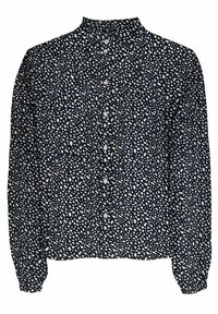 Marineblauwe blouse met wit gespikkeld patroon, hoge kraag en knoopsluiting. Lange mouwen met knoopmanchetten, lichte stof.