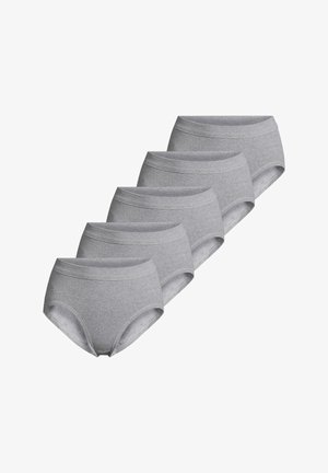 Fem par grå bomuldsunderbukser med en glat talje og afrundede benåbninger, kendetegnet ved et simpelt design uden mønstre eller detaljer.