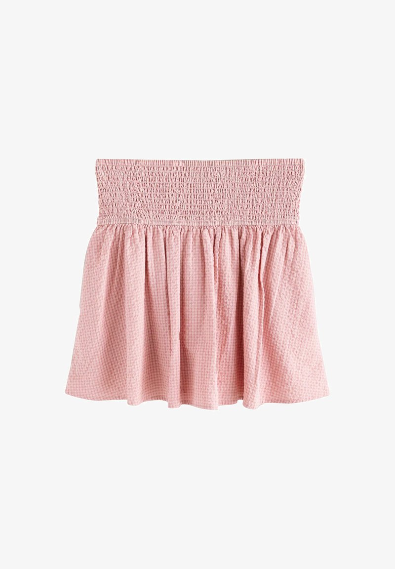 Mini-jupe rose bustier avec une taille élastique smockée et un tissu texturé et froncé.