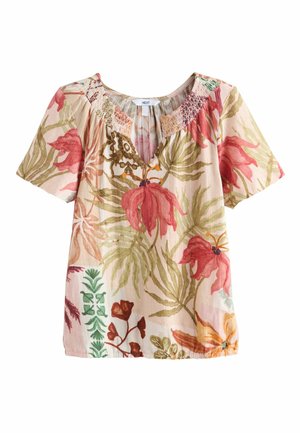 Short-sleeve women’s blouse with pink, orange, and green floral print and a gathered neckline opening.