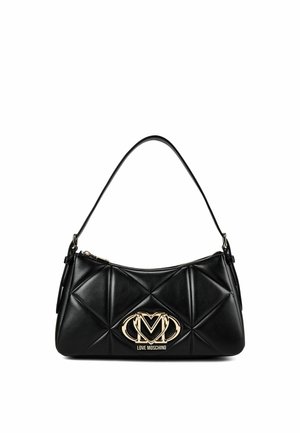 Schwarze gesteppte Leder-Schultertasche mit goldener "Love Moschino" Logo-Plakette und einem einzelnen Tragegriff.