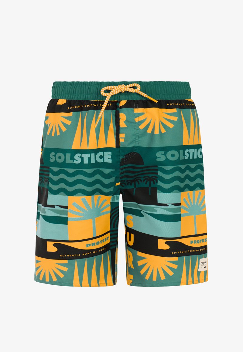 Short de bain à motifs verts, jaunes et noirs avec soleil, vagues, palmiers et texte indiquant "SOLSTICE" et "AUTHENTIC SURFING GOODS".