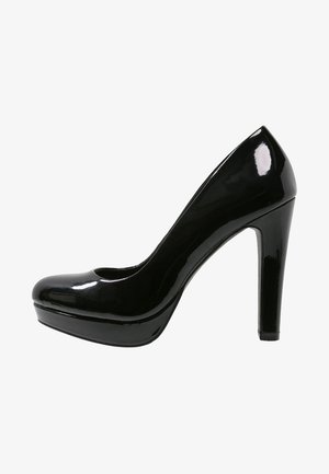 Chaussure à talon haut en cuir verni noir avec un bout arrondi, un rembourrage en plate-forme et un talon aiguille mince. Fini lisse et brillant.