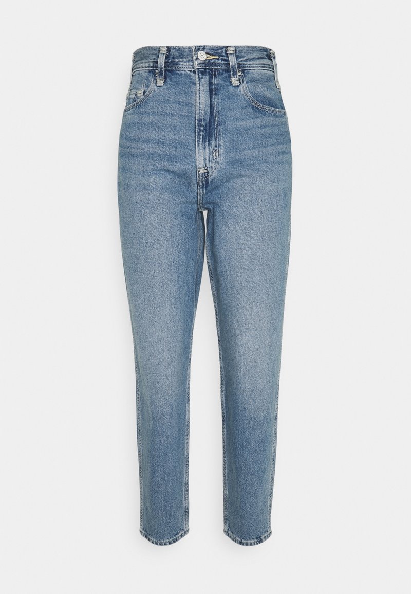 Jean en denim bleu taille haute avec bouton et fermeture éclair à l'avant, cinq poches, et jambes fuselées avec légère décoloration sur les cuisses.