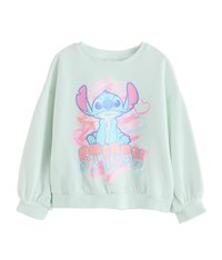 Mintgrøn sweatshirt med en løs pasform, prydet med et stort grafisk tryk af Stitch i blå og pink, med ballonsleeves og ribbede manchetter.