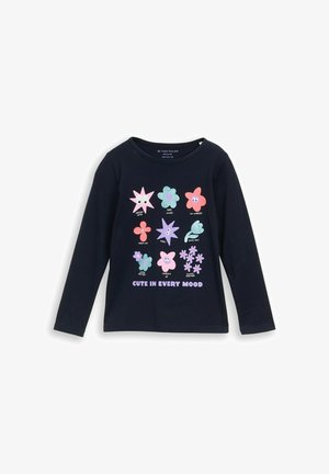 Marineblå langærmet skjorte med farverige tegneserieblomster og tekst med "Cute in every mood" foran.