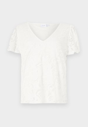 White short-sleeve t-shirt with a V-neckline and floral lace texture, featuring a slightly loose fit and soft, lightweight material.