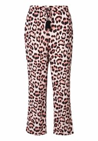 Leopardprint broeken van zachte stof met zwarte en roze vlekken. Voorzien van een taille met trekkoord en kwastdetail. Uitlopende pijpen.