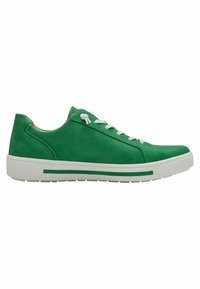 Grüne Leder-Sneaker mit weißen Schnürsenkeln, abgerundetem Zehenbereich und kontrastierender weißer Gummisohle. Glatte Textur und minimalistisches Design.