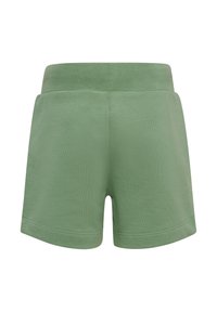Gröna bomullsshorts med en mjuk textur, elastisk midja och en enkel design. Har en rak nederkant och inga fickor.