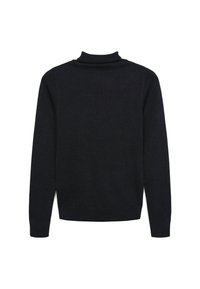 Schwarzer Rollkragenpullover aus Strickstoff. Verfügt über lange Ärmel, gerippte Bündchen und einen gerippten Saum. Schlichtes Design ohne Muster oder Akzente.