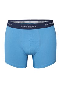 Blauwe boxershorts van zacht materiaal, met een donkerblauwe elastische tailleband waarop de tekst "HAPPY SHORTS" staat. Klassiek ontwerp zonder patronen.