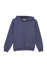 Marineblauwe hoodie van een zachte katoenmix. Heeft een rits aan de voorkant, twee zijzakken en ribgebreide manchetten met een logo-accent.