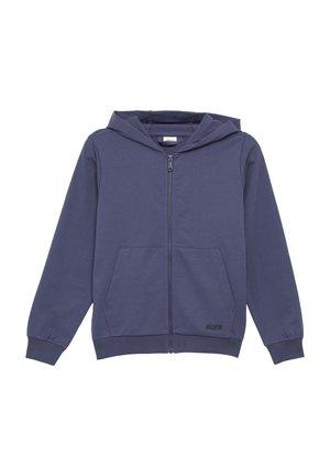 Granatowy hoodie wykonany z miękkiej bawełnianej tkaniny. Posiada zamek błyskawiczny z przodu, dwie boczne kieszenie oraz ściągacze na rękawach z akcentem logo.