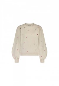 Crème sweatshirt met opgezette mouwen, met verspreide roze ster geborduurde details. Geribbelde cuffs en zoom; zachte, gestructureerde stof.