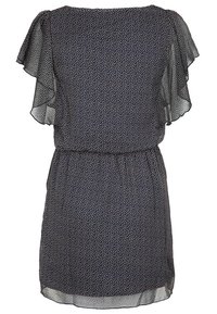 Snaveljurk in marineblauw met bloemenprint, met vlagmouwen, een getailleerde taille en doorschijnende stof. Heeft een losse pasvorm en korte lengte. Lichtgewicht textuur.