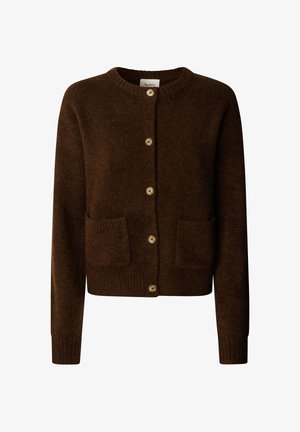 Cardigan marrone a maglia con scollatura rotonda, cinque bottoni e due tasche frontali, dotato di polsini e orlo a coste per una texture interessante.