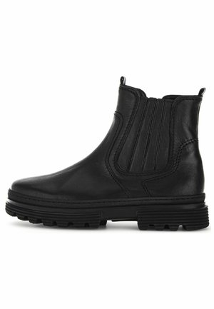 Black leather ankle boot with elastic side panels, a rounded toe, and textured rubber sole featuring deep treads for traction.