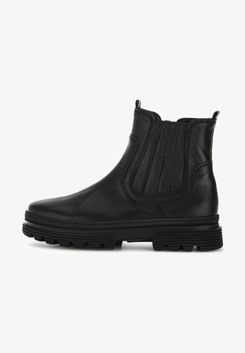 Must musta ankle saapad elastsete külgpaneelidega, ümar nina ja tekstureeritud kummist talla, millel on sügavad kulumise jäljed haarde tagamiseks.