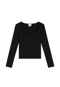 Haut noir à manches longues avec un décolleté carré, présentant une texture côtelée et un logo discret au centre. L'étiquette de taille indique "S".